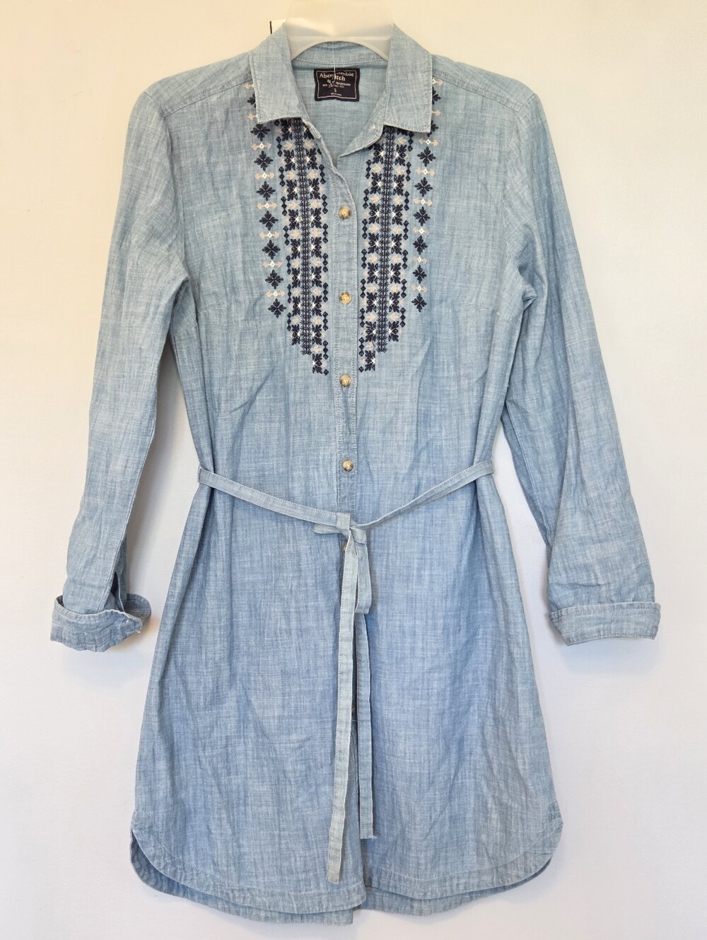 Abercrombie Blue Chambray 100% Cotton Embroidered Shirt Dress Sz S Boho-Chic